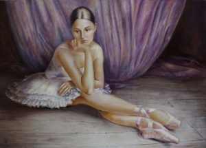 Vali Irina Ciobanu - tablou pe piele, tempera si ou- Balerina- privind spre sine